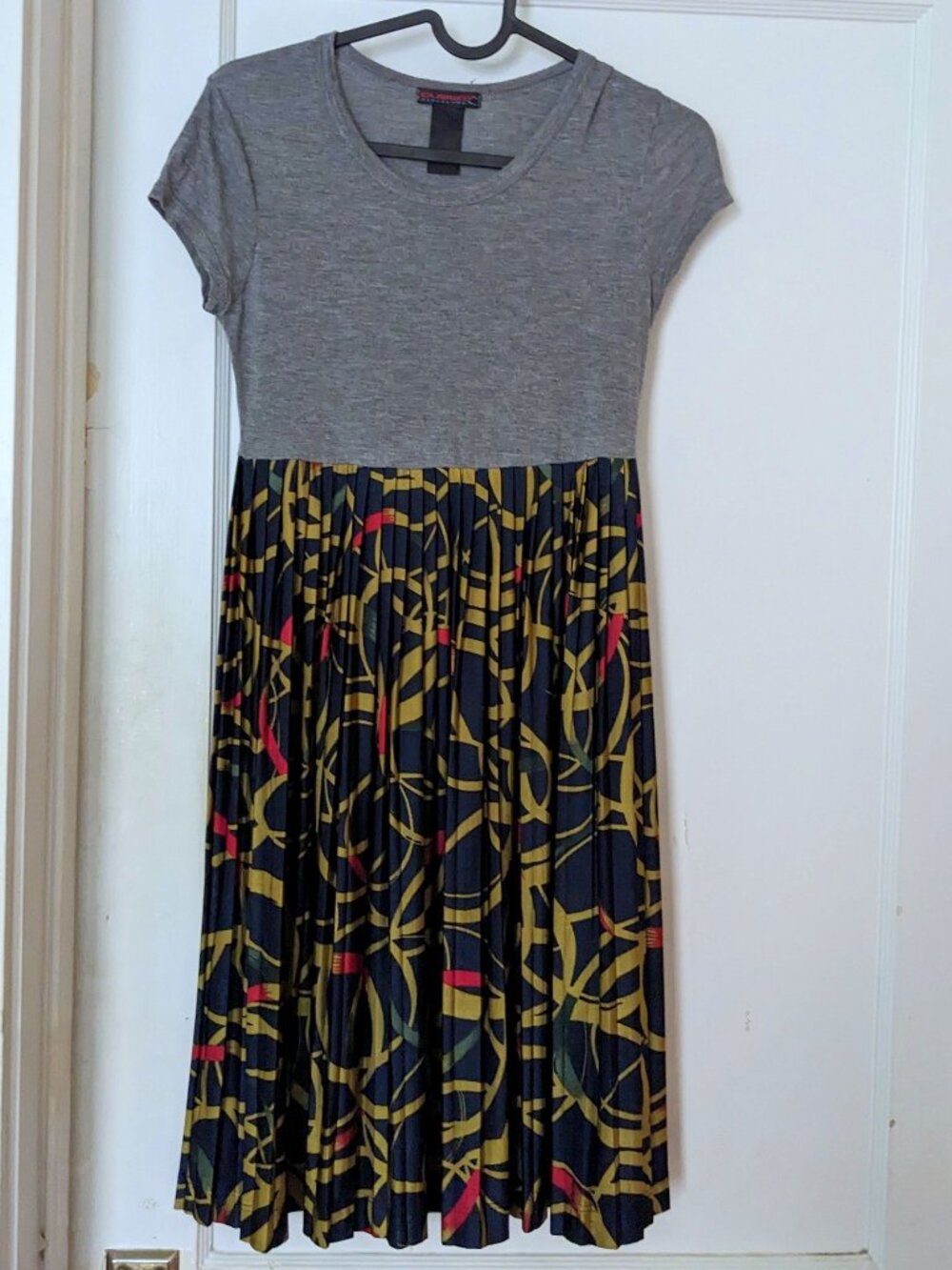 Custo Barcelona Midi Dress Gray Navy Mustard Pleated Skirt Size S